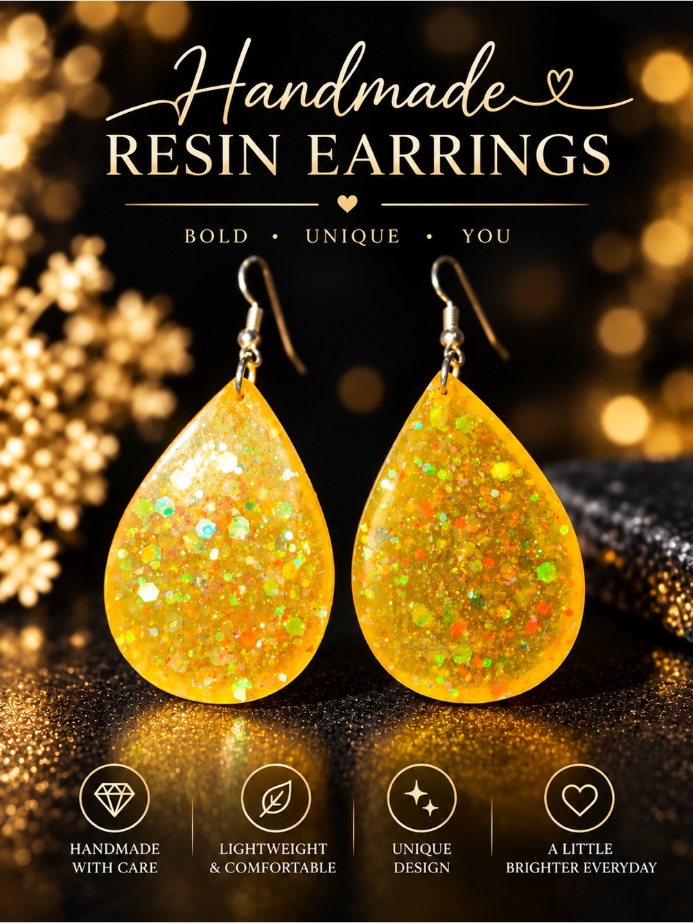 Handmade Golden Yellow Iridescent Glitter Resin Teardrop Earrings